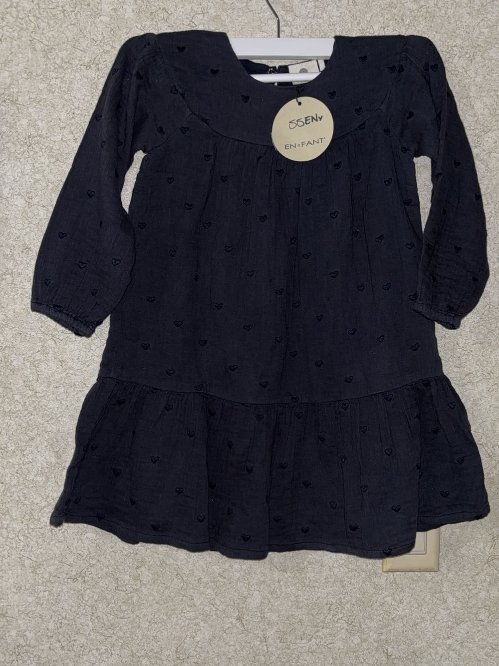 Girls' Navy Long-Sleeve Heart-Detail Dress 100% cotton